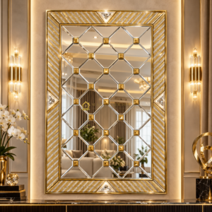 Cermin Dinding Bevel Geometris List Gold Leaf 150x100 cm