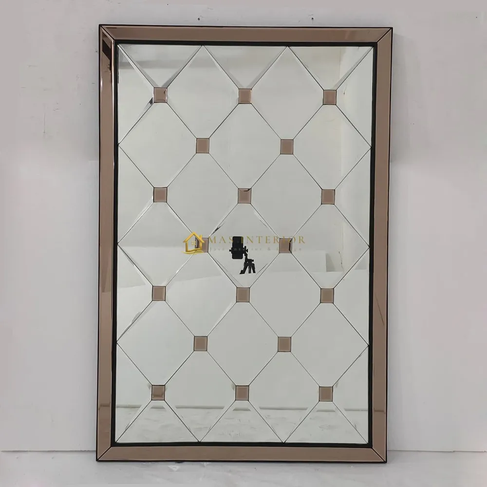 Cermin Dinding Bevel Geometris List Brown 100×150 cm
