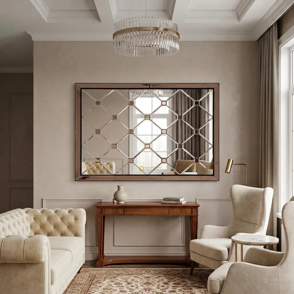 Cermin Dinding Bevel Geometris List Brown 100×150 cm
