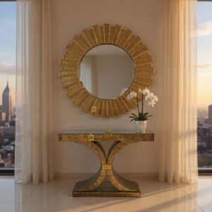 Meja Konsul Cermin Gold dengan Cermin Bulat Motif Matahari MI 0203003