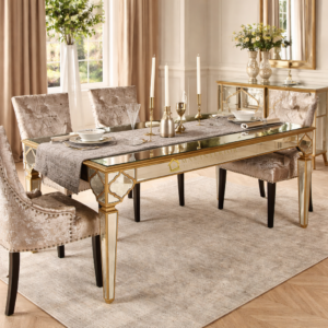 Meja Makan Mewah Cermin Finishing Gold Interiror Modern MI 0201004