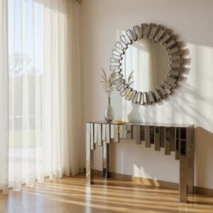 Meja Konsul Cermin 3D Brown dengan Cermin Dinding Bulat Dekoratif Modern MI 0203002