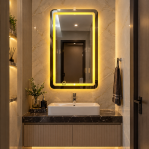 Cermin Dinding Hias LED Sanblast Modern Elegan dengan Lampu LED 50 × 90 cm